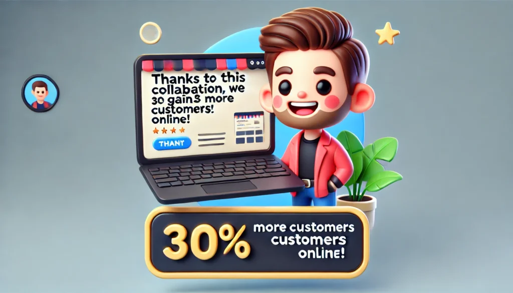 DALL·E 2024 11 15 10.42.15 A 3D cartoon style illustration of a happy customer smiling and holding a laptop with a website visible on the screen. The background is simple with